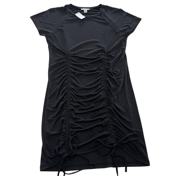 Topshop Dress Womens 10 Black Ruched Drawstring Bodycon T-Shirt Mini Stretch - Picture 1 of 7
